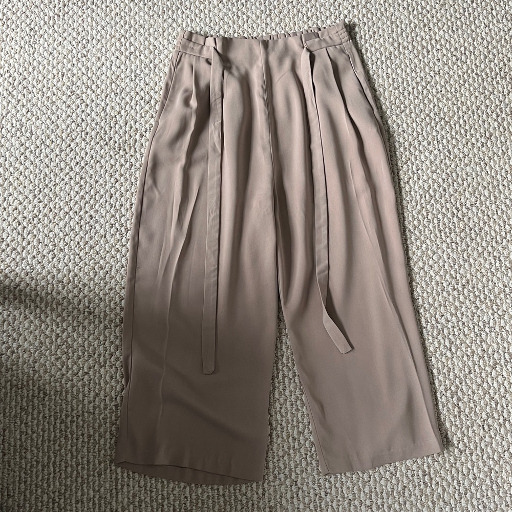 Tan Wide Leg pull on pants with a bow